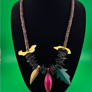 Vintage Colorful Carved Wood Beaded Necklace, Boho, Ethnic, Tropical